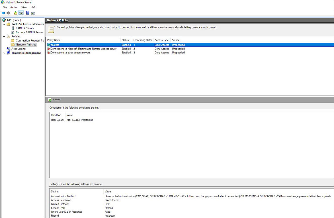 Screenshot of the NPS policy completed configuration